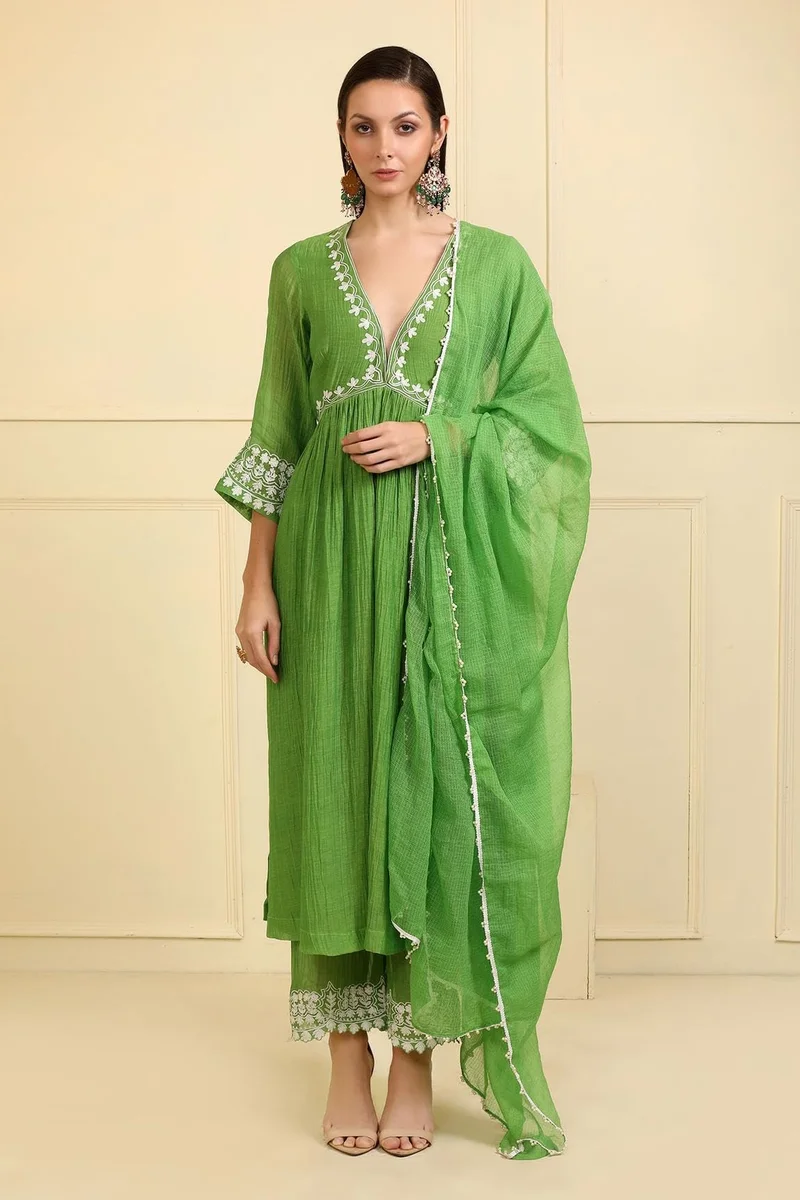 GoSriKi  GoSriKi Women's Rayon Blend Anarkali Embroidered Kurta with Pant & Dupatta (Niket Green-VKS01-GS_XXL_Green_XX-Large) for Women | Best Price UAE